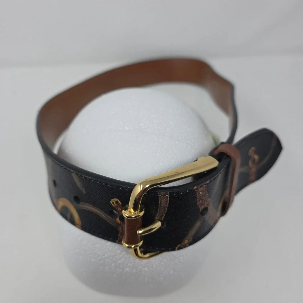 Lauren Ralph Lauren Belt M Equestrian Stirrup Print Manmade Gold Buckle Black